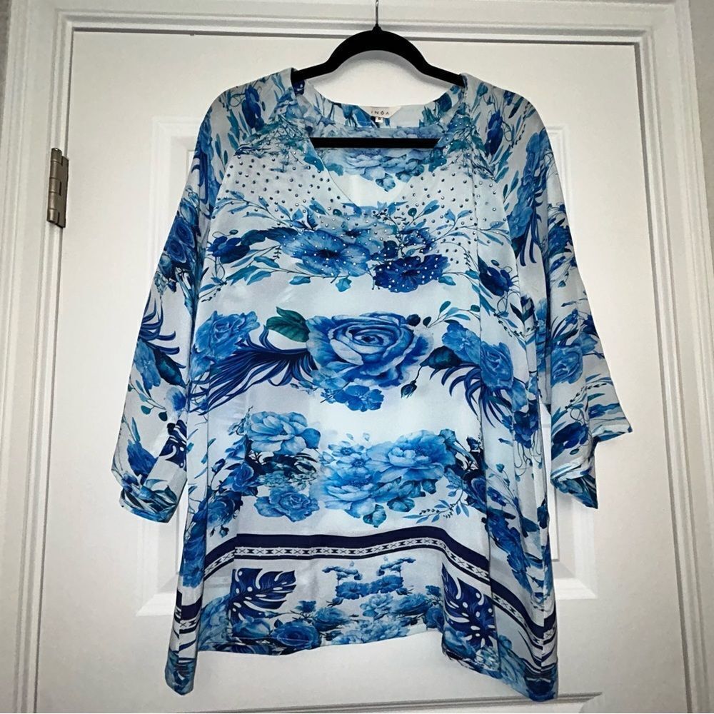 INOA Sydney Embellished Floral Print 3/4 Length Sleeve Silk Blouse Tunic Top